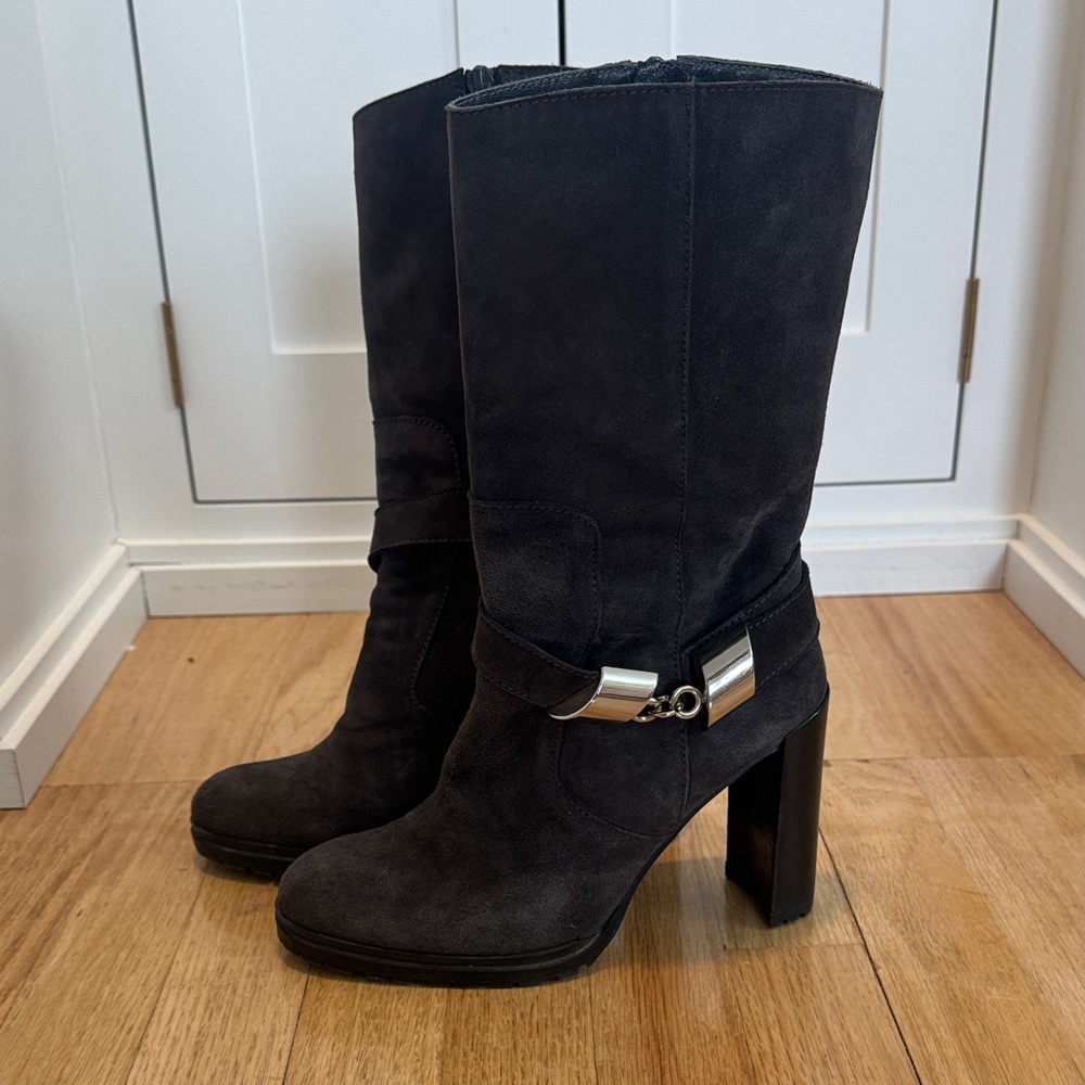 Stuart Weitzman Grey Suede Mid-Calf Heeled Boots with Silver Accent